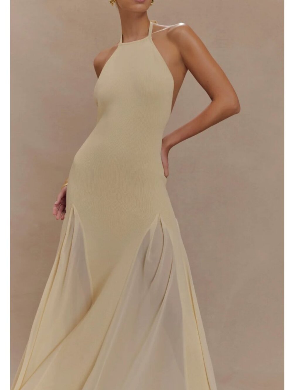 Meshki Soleil Knit And Mesh Halter Maxi Dress S/L Cream Wedding Event - Picture 5 of 10
